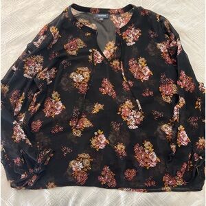 ModCloth Sheer LS Blouse Black With Floral Pattern XL